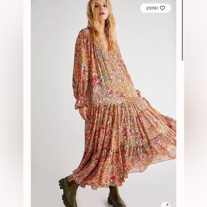 Free People Floral Maxi Dress in Rust Multi